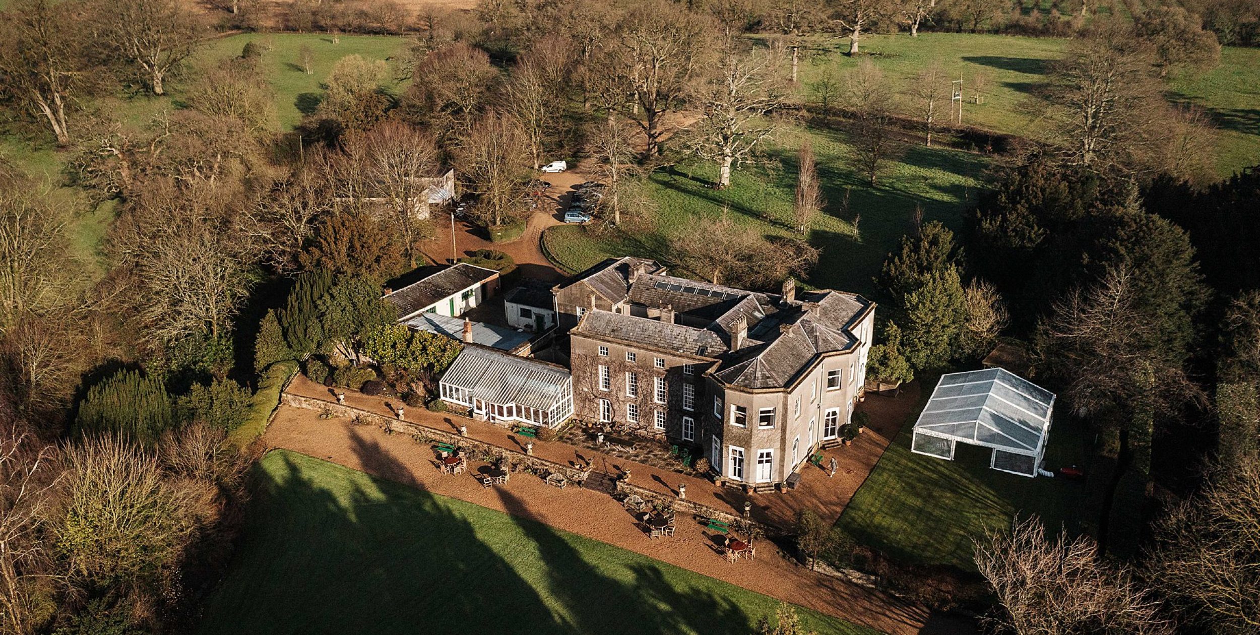 Pennard House Wedding Photographer showing aerial view of the Somerset wedding venue