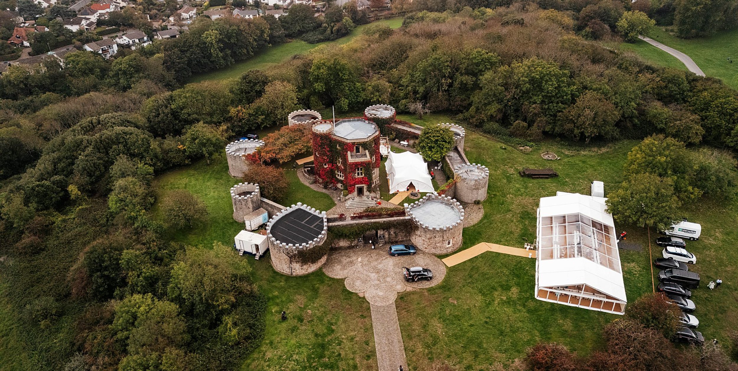 Walton Castle Wedding Photographer showing aerial view of grounds